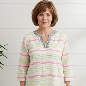 EUC Pomegranate SZ XL white/green/pink tunic  striped top, 3/4 length sleeves